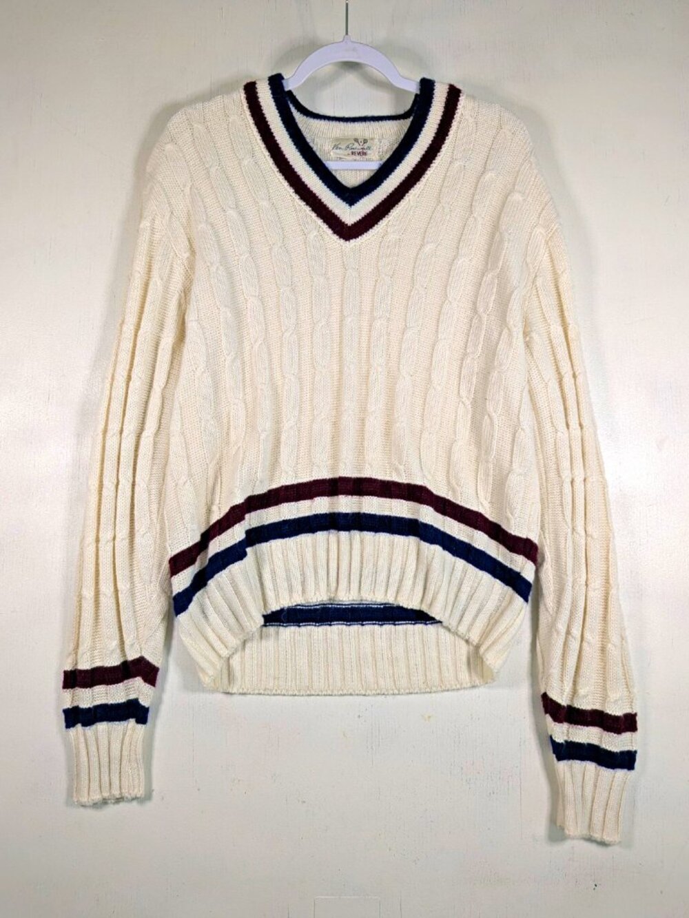 Vintage 70s Tennis Cricket Sweater Mens S Cable Knit V Neck Ivory Ken Rosewall